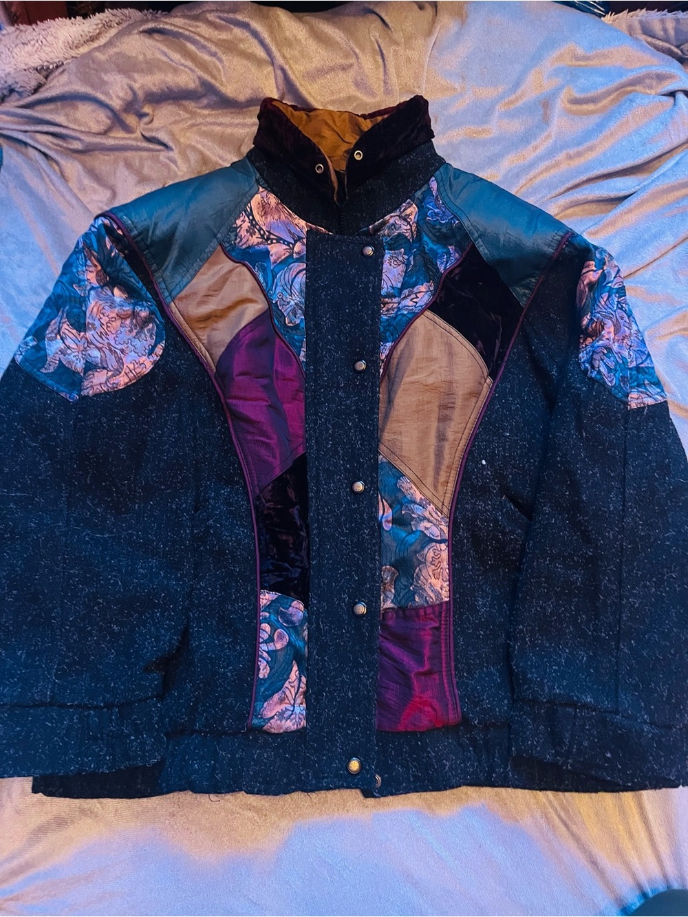 Vintage Patchwork Ski Jacket - Navy, Teal & Plum Gold Velvet